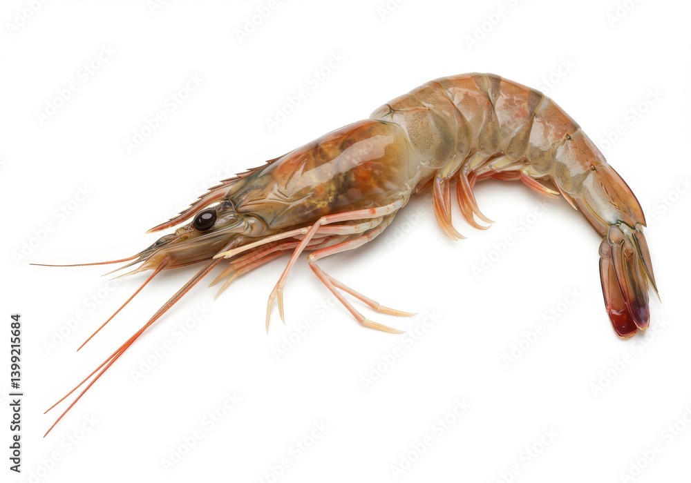 Isolated raw tiger prawn with long antennae and legs on a plain white background in a studio shot Isolated raw tiger prawn with long antennae and legs on a plain white background in a studio shot