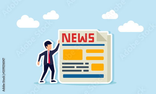Businessman standing next to a newspaper, illustration of business in the news sector
