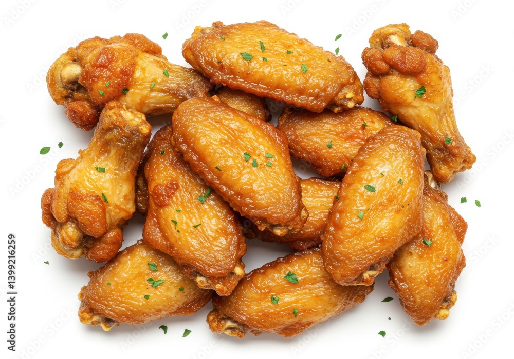 A top down view of a pile of golden brown fried chicken wings with a parsley garnish on a white background A top down view of a pile of golden brown fried chicken wings with a parsley garnish on a white background