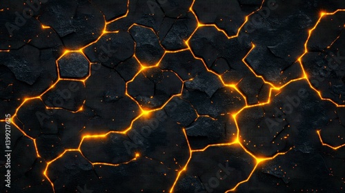 Cracked stone surface illuminated by glowing orange lines creating a vibrant and dynamic texture.