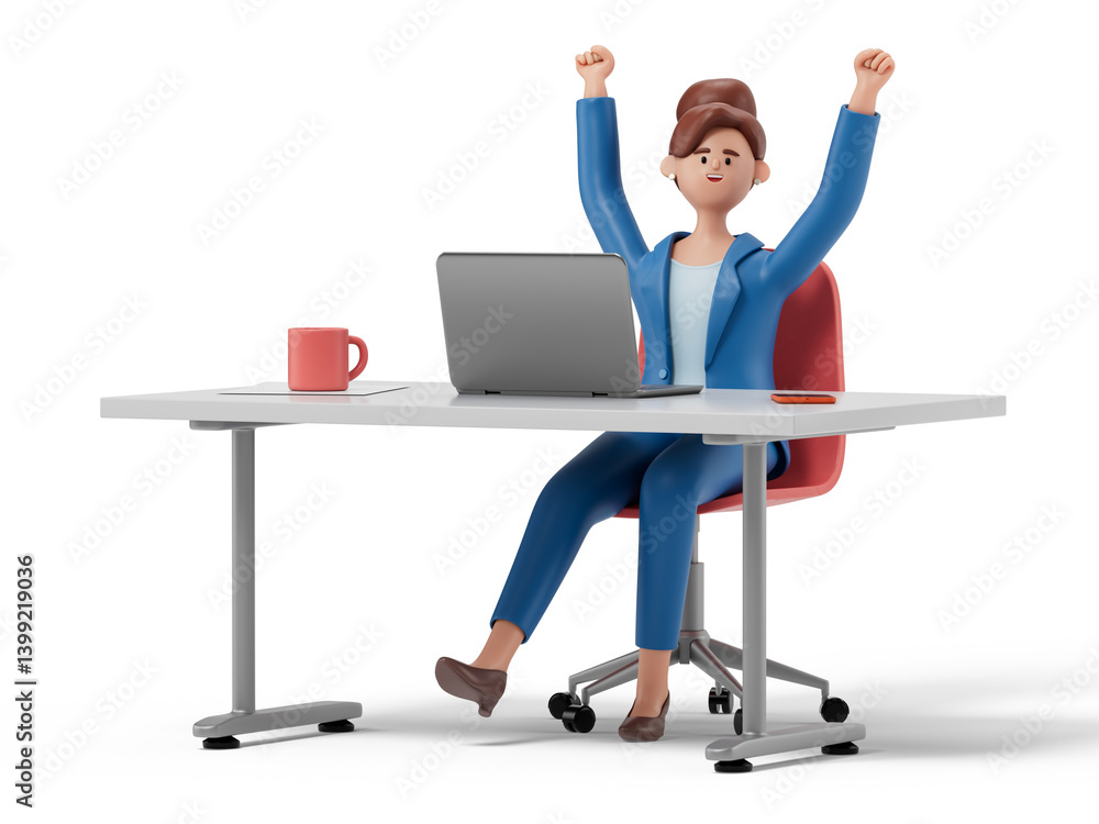 woman at desk with raised fists, symbolizing success or completion of work tasks. 3D rendering, conceptual image. Isolated on white background. woman at desk with raised fists, symbolizing success or completion of work tasks. 3D rendering, conceptual image. Isolated on white background.