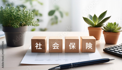 日本語で社会保険の文字が入ったキューブブロックと観葉植物。AIで生成