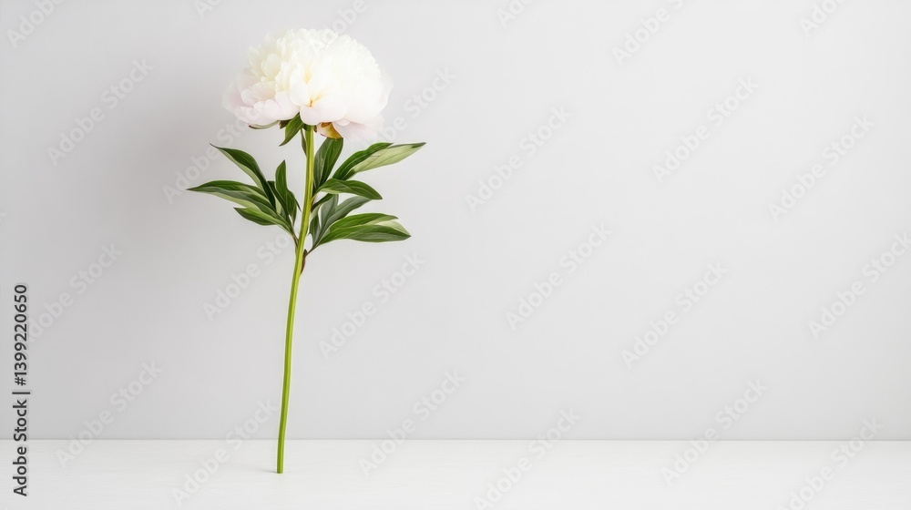 A single white peony flower standing upright on a white surface, minimalist background with soft lighting, and elegant and serene composition. A single white peony flower standing upright on a white surface, minimalist background with soft lighting, and elegant and serene composition.