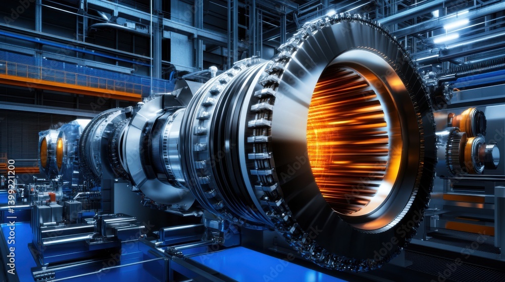 Detailed Close-up of Industrial Gas Turbine Engine in Modern Facility