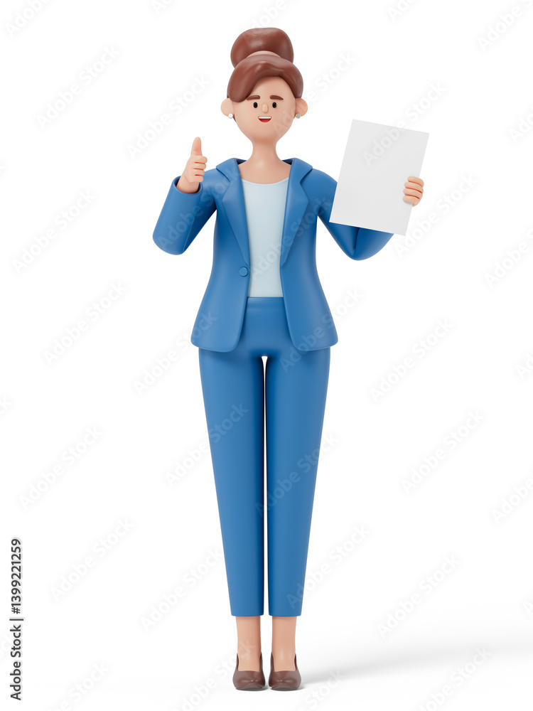 woman with paper and raised finger, symbolizing presentation of ideas or solutions. 3D rendering, conceptual image. Isolated on white background. woman with paper and raised finger, symbolizing presentation of ideas or solutions. 3D rendering, conceptual image. Isolated on white background.