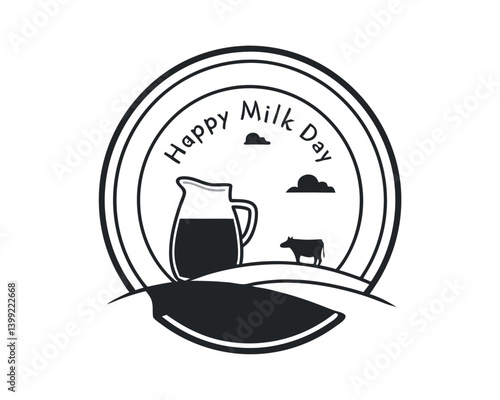 Black and White Happy Milk Day Logo with Cow and Pitcher.