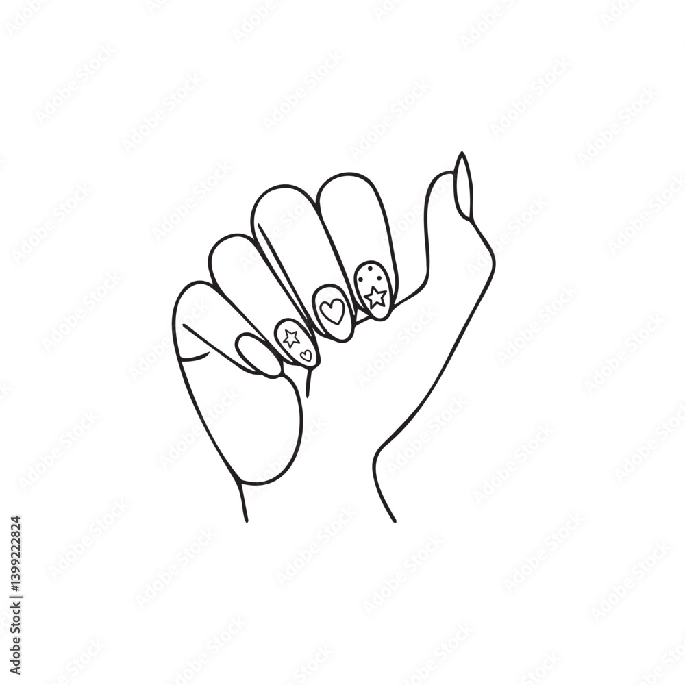 Fototapeta premium Elegant woman hand icon with decorated nails of line art style. ideal for beauty salon logos, nail artists, and cosmetics branding.