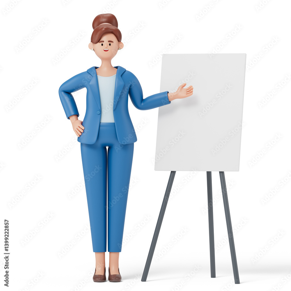 A woman stands with a blank white canvas, symbolizing the preparation for a presentation or the introduction of new ideas. 3D rendering, conceptual image. Isolated on white background. A woman stands with a blank white canvas, symbolizing the preparation for a presentation or the introduction of new ideas. 3D rendering, conceptual image. Isolated on white background.
