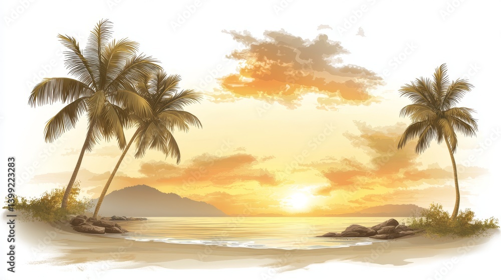Fototapeta premium Breathtaking tropical sunset scenery, palm trees silhouetted against vibrant sky on sandy beach