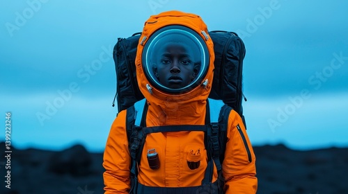 A young astronaut in an orange spacesuit explores a desolate landscape under a moody blue sky, capturing the essence of adventure and curiosity.