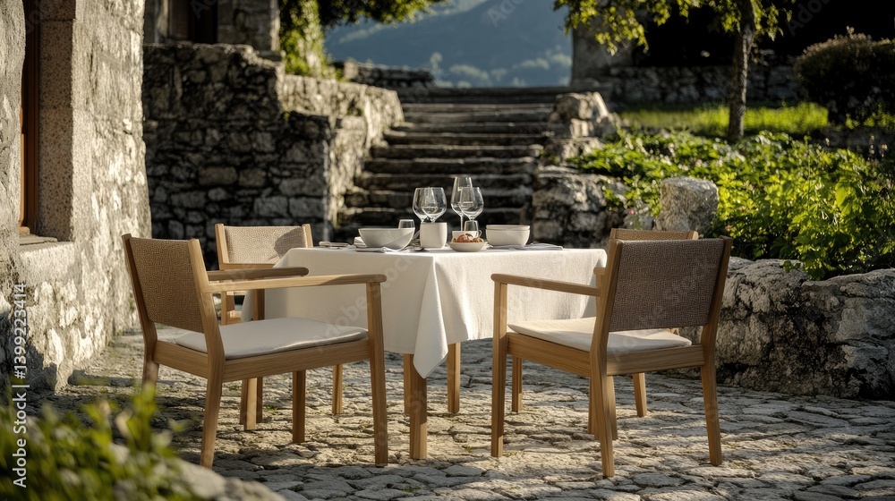 Wooden chairs around a linen-covered table with neutral ceramics in a landscaped front garden Wooden chairs around a linen-covered table with neutral ceramics in a landscaped front garden