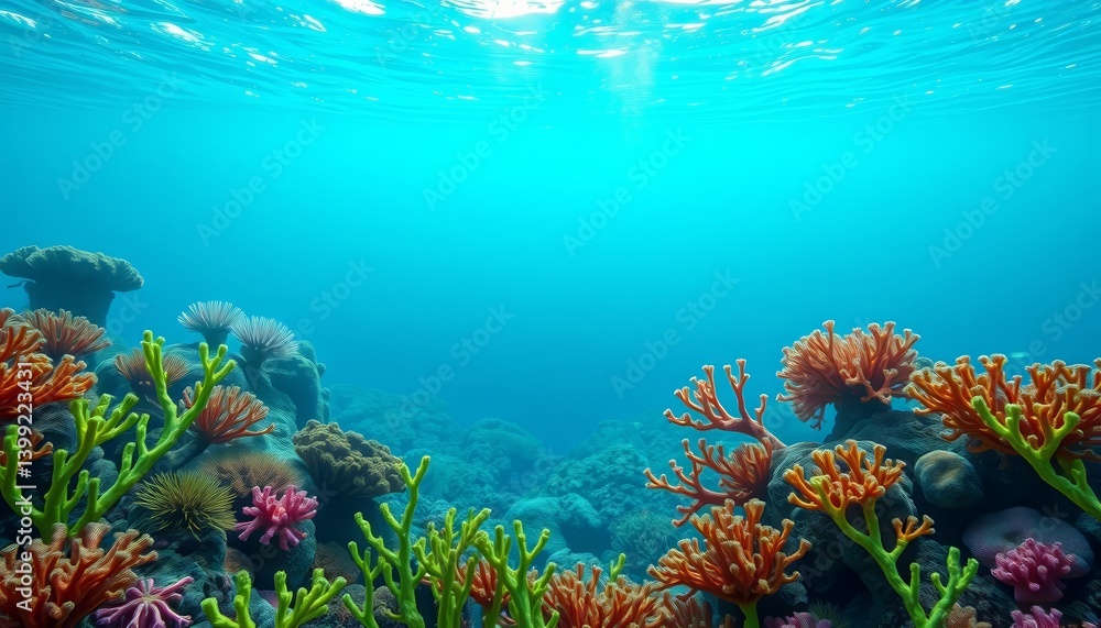 Naklejka premium Vibrant green and coral seaweed underwater seamless pattern background, seamless texture, kelp