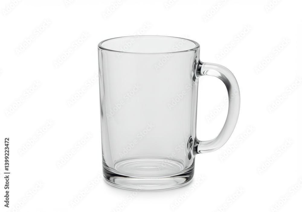 A clear glass mug with a handle sitting on a white surface in a studio setting showcasing its form A clear glass mug with a handle sitting on a white surface in a studio setting showcasing its form