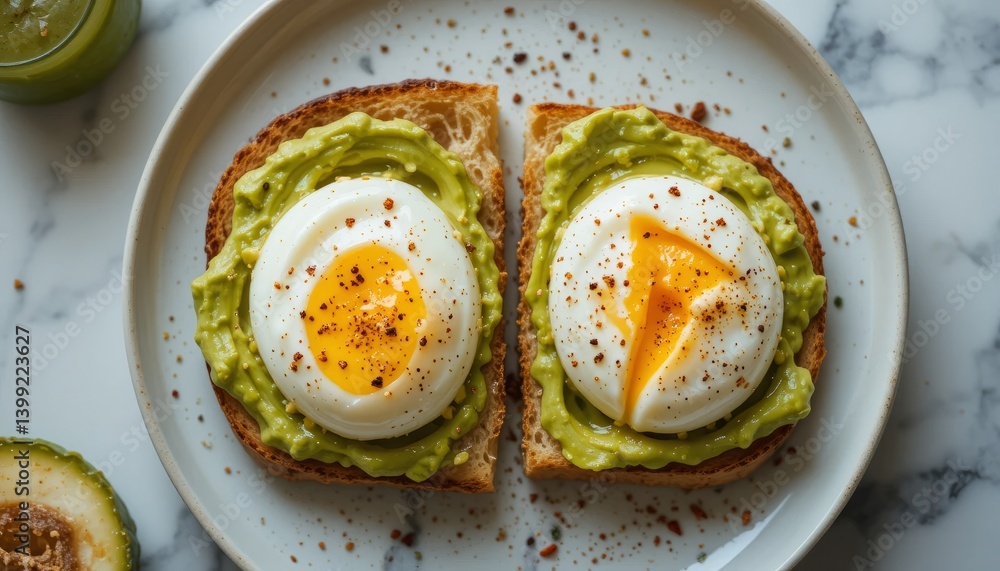 Overhead View of Two Slices of Toast Topped with Poached Eggs and Spices on a Overhead View of Two Slices of Toast Topped with Poached Eggs and Spices on a