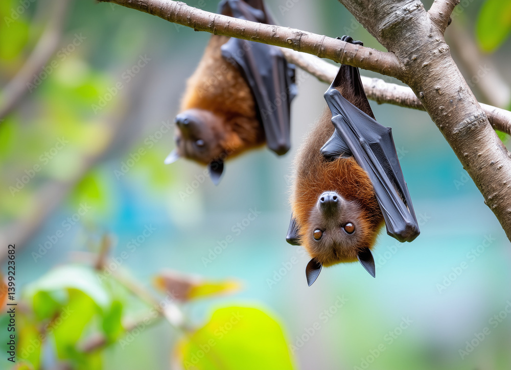 Obraz premium Two fruit bats hanging upside down from a tree branch.