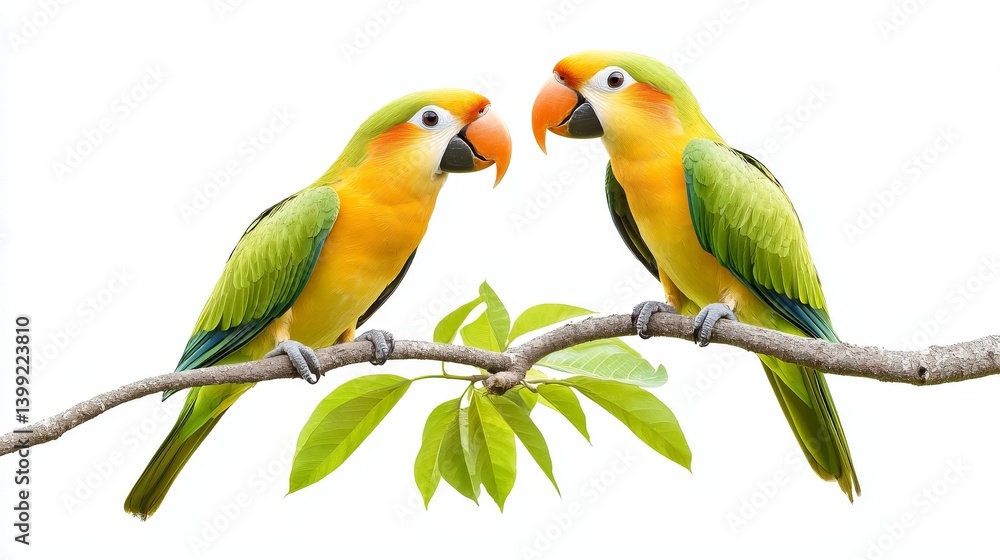 Two birds find respite on a branch, serene nature scene Two birds find respite on a branch, serene nature scene