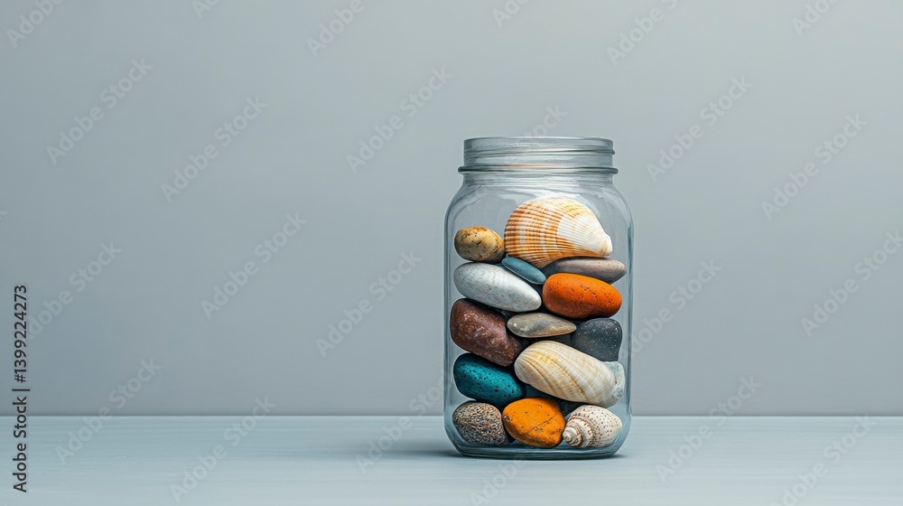 A clear glass jar filled with a variety of colorful stones and seashells set against a minimalist gray backdrop A clear glass jar filled with a variety of colorful stones and seashells set against a minimalist gray backdrop
