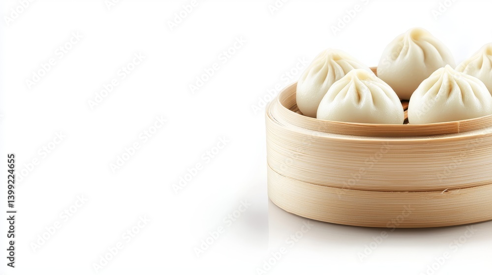A bamboo steamer basket holds several round, white baozi or steamed buns. A bamboo steamer basket holds several round, white baozi or steamed buns.