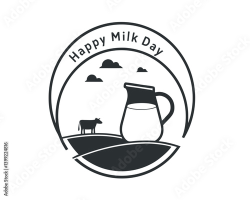 Black and White Happy Milk Day Logo with Cow and Pitcher.