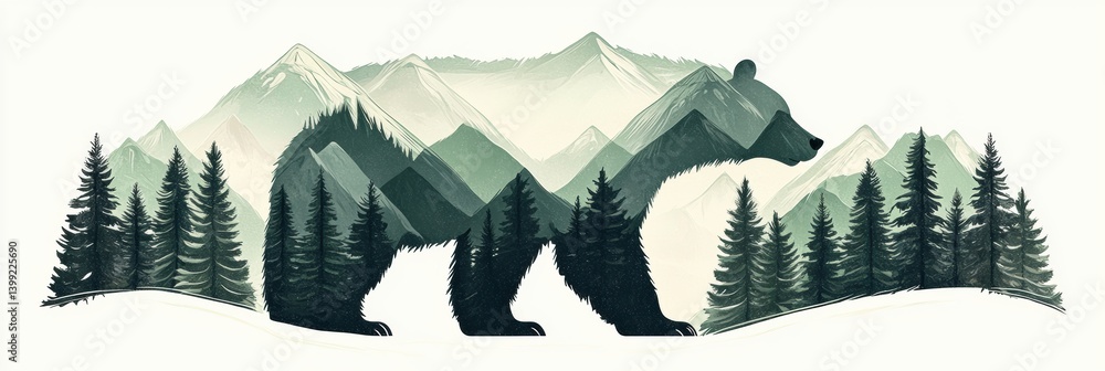 Creative bear illustration made of pine trees and mountains showcasing natures harmony with a tranquil vibe