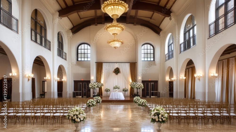 Fototapeta premium Elegant ballroom prepared and decorated for a wedding ceremony event