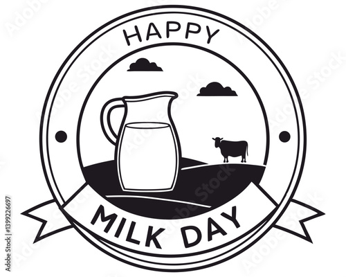 Black and White Happy Milk Day Logo with Cow and Pitcher.