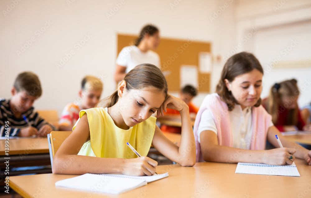 Portrait of schoolgirl who writing exercises at lesson in school