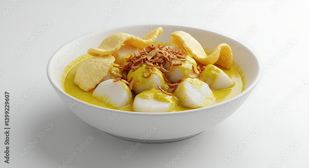 A bowl of Lontong Sayur, rice cakes in coconut curry sauce, topped with crispy fried shallots, served against a white background A bowl of Lontong Sayur, rice cakes in coconut curry sauce, topped with crispy fried shallots, served against a white background