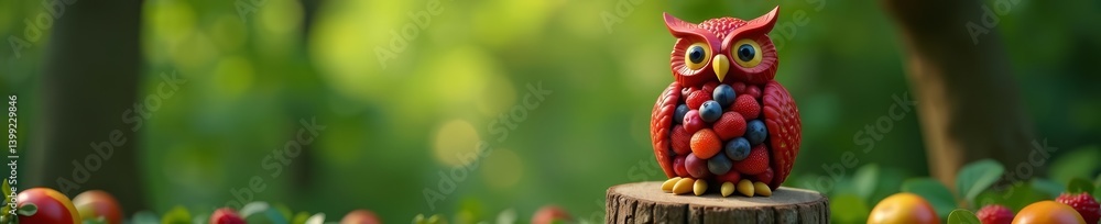 Vibrant owl sculpture composed of strawberries, blueberries, and mangoes on tree stump, decoration, owl, nature Vibrant owl sculpture composed of strawberries, blueberries, and mangoes on tree stump, decoration, owl, nature