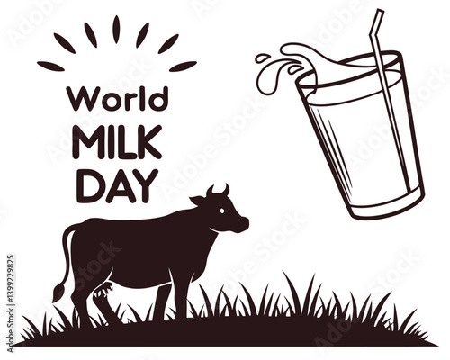 Black and White World Milk Day Graphic with Cow and Milk Glass.
