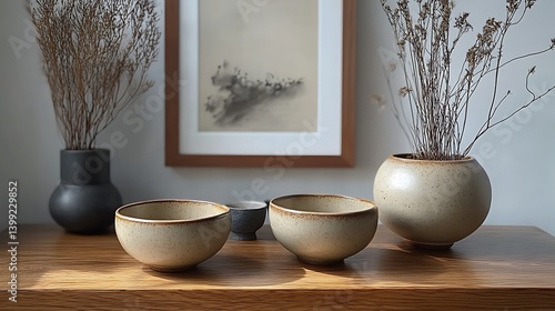 Minimalist Still Life with Ceramic Bowls, Vases, and Dried Floral Arrangements on Wooden Surface, Creating a Peaceful Atmosphere.