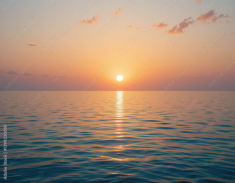 Obraz premium Minimal ocean sunset horizon with clear sky and warm sunlight reflection on calm water surface, peaceful tranquil seascape perfect for meditation and relaxation themes.
