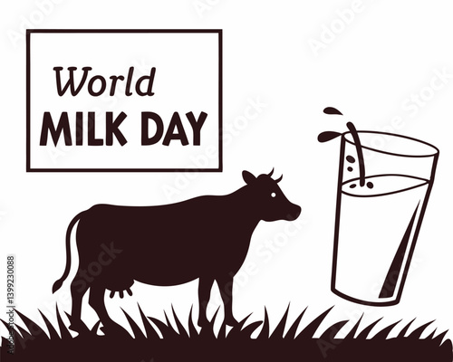 Black and White World Milk Day Graphic with Cow and Milk Glass.