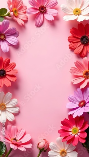 Vibrant pink background with assorted flowers, springtime aesthetic, pink, assorted, vibrant