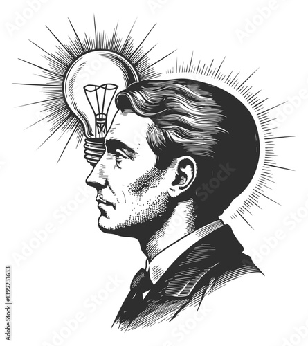 Black and white drawing of a man with a lightbulb above his head. Suitable for creative thinking, innovation, and problemsolving concepts. Imitation of scratchboard engraving