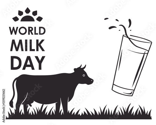 Black and White World Milk Day Graphic with Cow and Milk Glass.