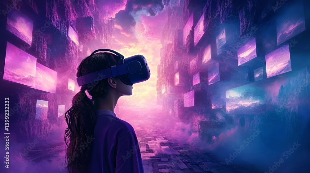 Fototapeta premium Young woman exploring a vibrant virtual reality landscape with captivating colors.