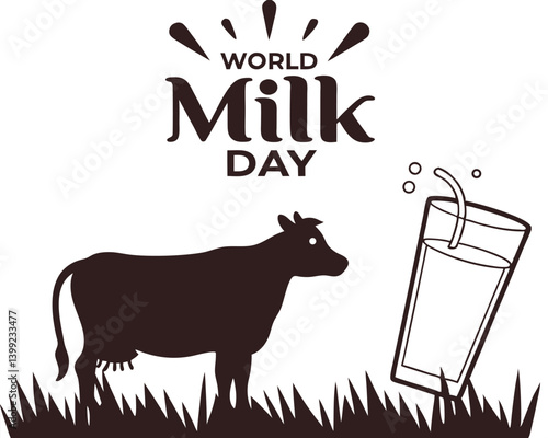 Black and White World Milk Day Graphic with Cow and Milk Glass.