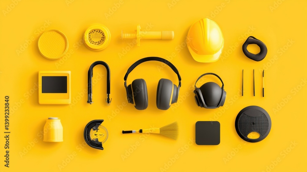 Yellow Tools and Equipment Collection on Bright Yellow Background