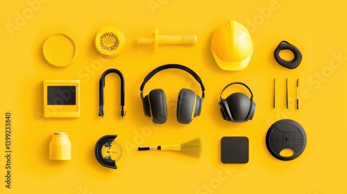 Obraz na płótnie Yellow Tools and Equipment Collection on Bright Yellow Background w salonie