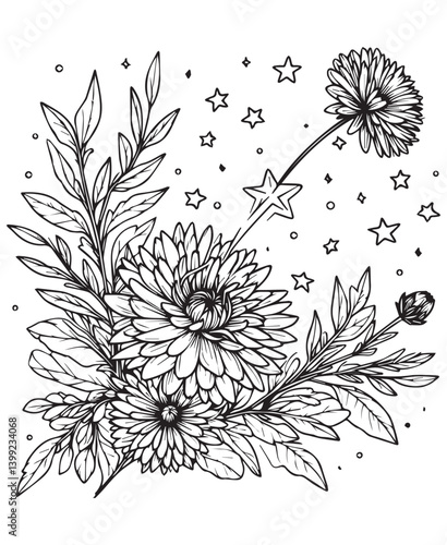 Coloring book aster flower & stars Detailed line art for coloring. Celestial floral scene with shooting stars and blooms