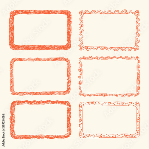 Collection of hand sketched rectangular frames with unique doodle borders including hatching, scallops, and swirls, isolated black and white line art graphic elements set