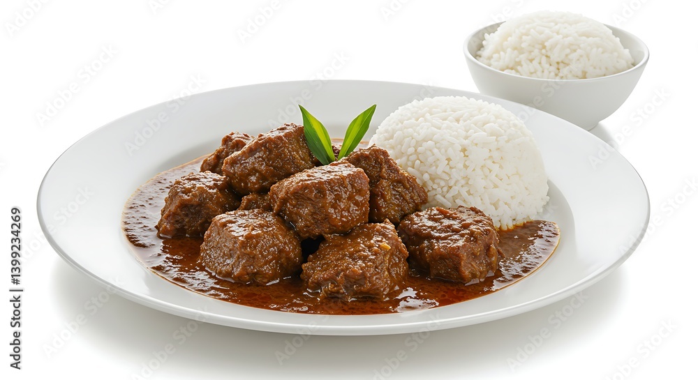 A delicious plate of Rendang Padang with tender beef chunks coated in rich, dark coconut curry sauce, set on a white surface A delicious plate of Rendang Padang with tender beef chunks coated in rich, dark coconut curry sauce, set on a white surface