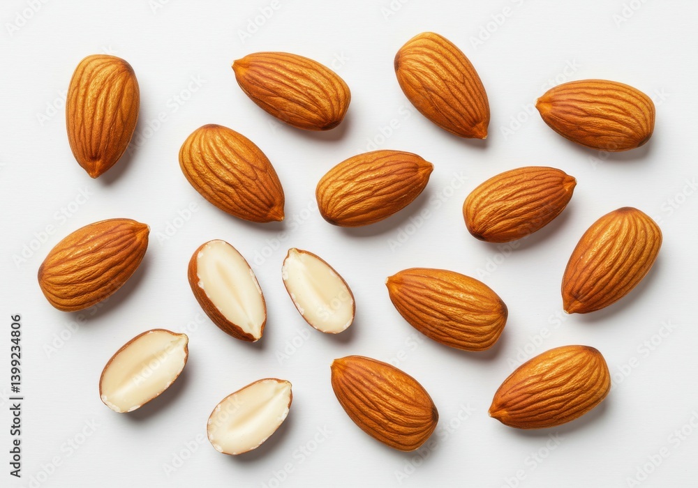 Scattered almonds on a white surface with some halved showing the inside of the nut meat texture Scattered almonds on a white surface with some halved showing the inside of the nut meat texture