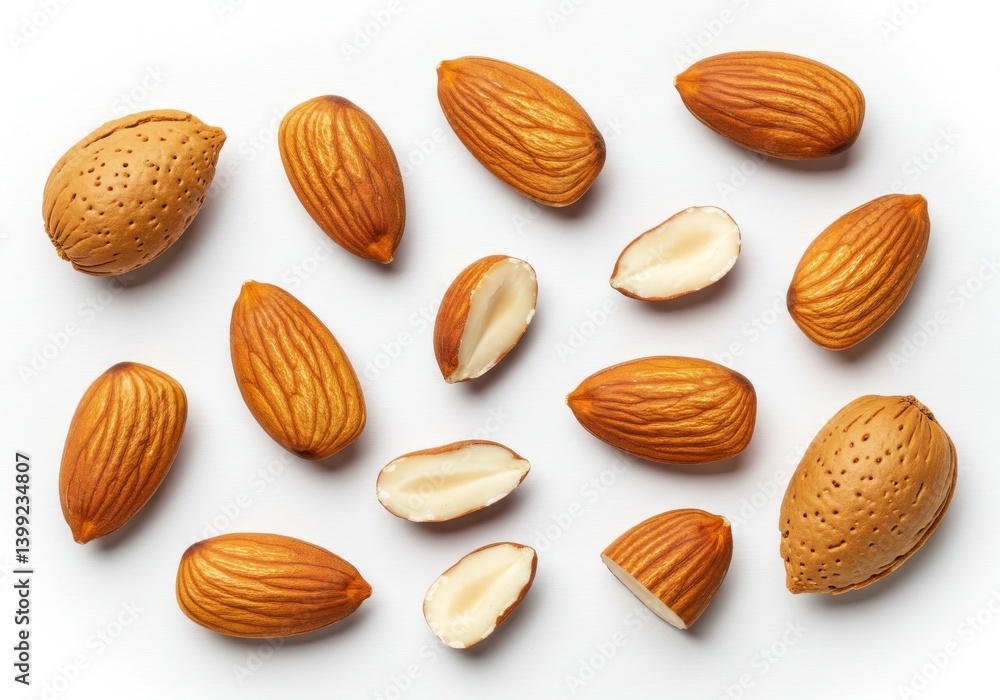 Scattered almonds with and without shells on a plain white background in a flat lay arrangement Scattered almonds with and without shells on a plain white background in a flat lay arrangement