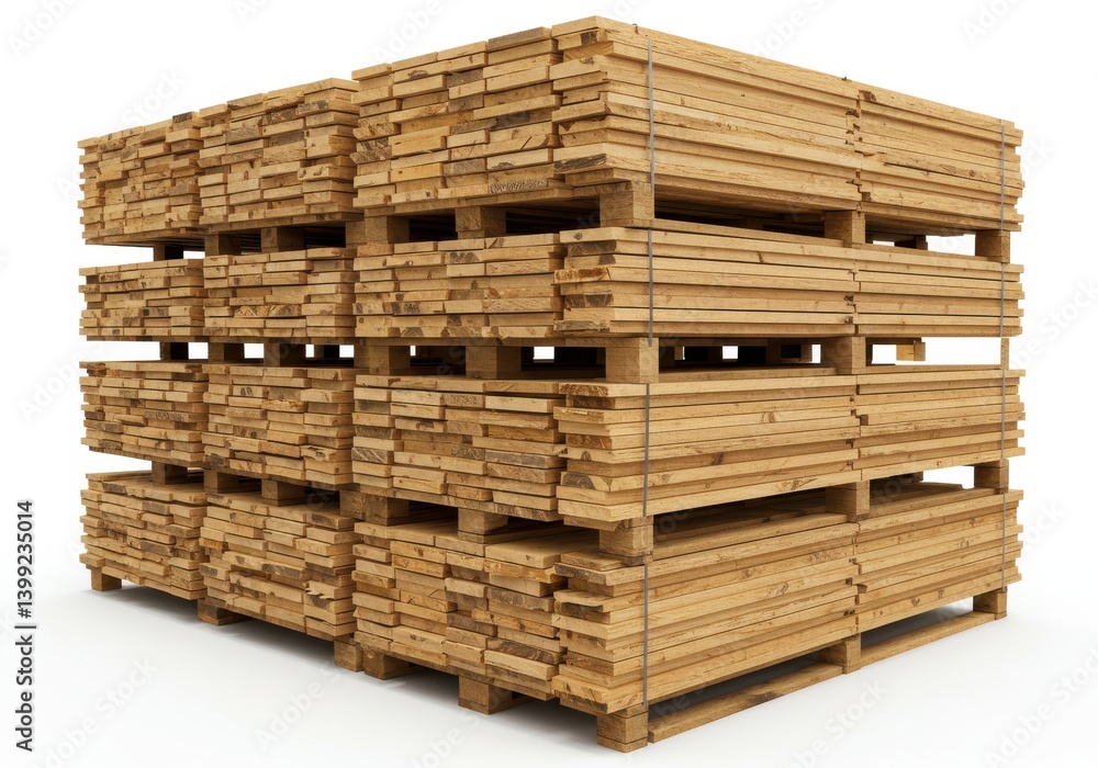 A stack of wooden planks on pallets showing the wood grain and texture against a white background A stack of wooden planks on pallets showing the wood grain and texture against a white background