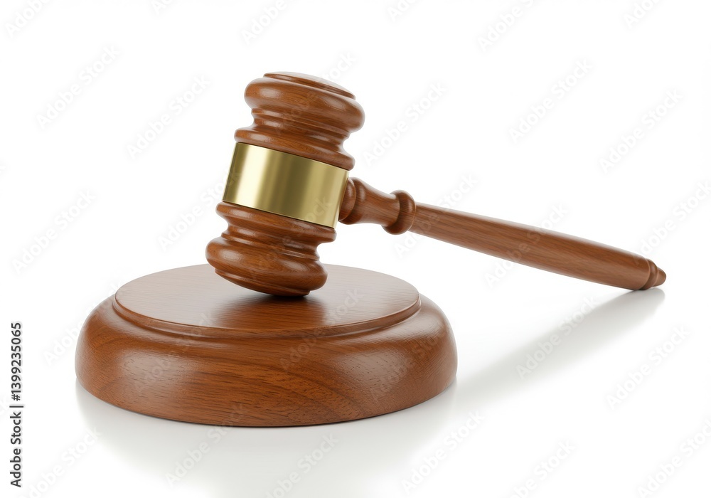 A wooden gavel with a gold band resting on a wooden block against a white background studio shot A wooden gavel with a gold band resting on a wooden block against a white background studio shot