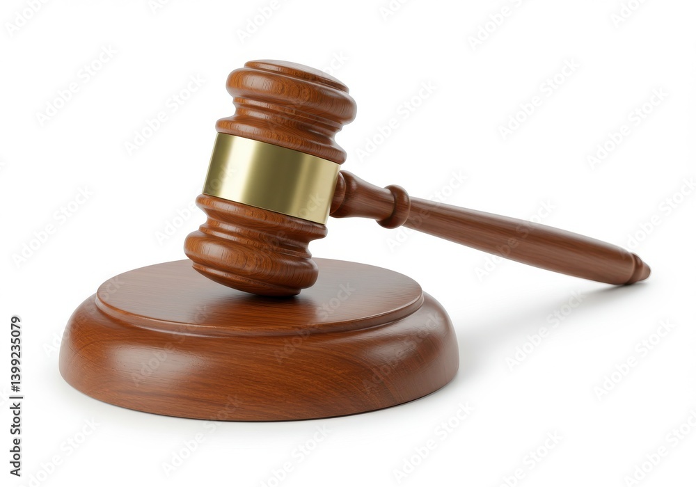 A wooden gavel with a gold band resting on a wooden base against a white background in a studio shot A wooden gavel with a gold band resting on a wooden base against a white background in a studio shot