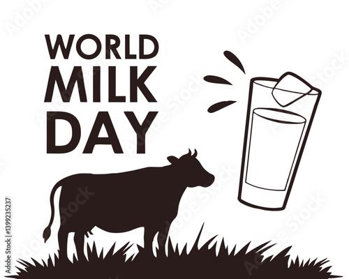 Black and White World Milk Day Graphic with Cow and Milk Glass.