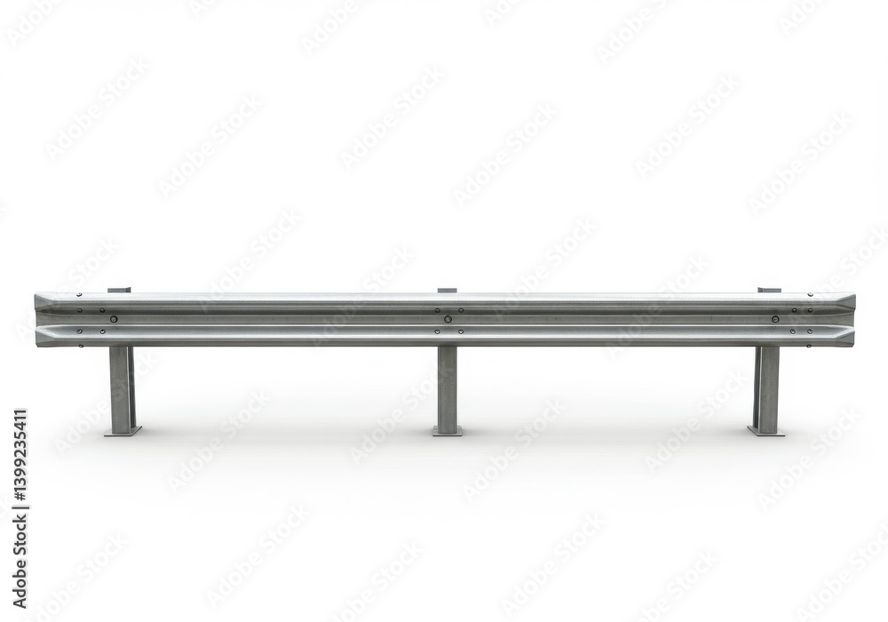 A silver guardrail with three posts on a white background in a studio shot for safety purposes A silver guardrail with three posts on a white background in a studio shot for safety purposes